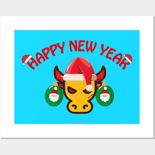 Christmas illustration depicting a bull and Christmas tree decorations on his horns Posters and Art